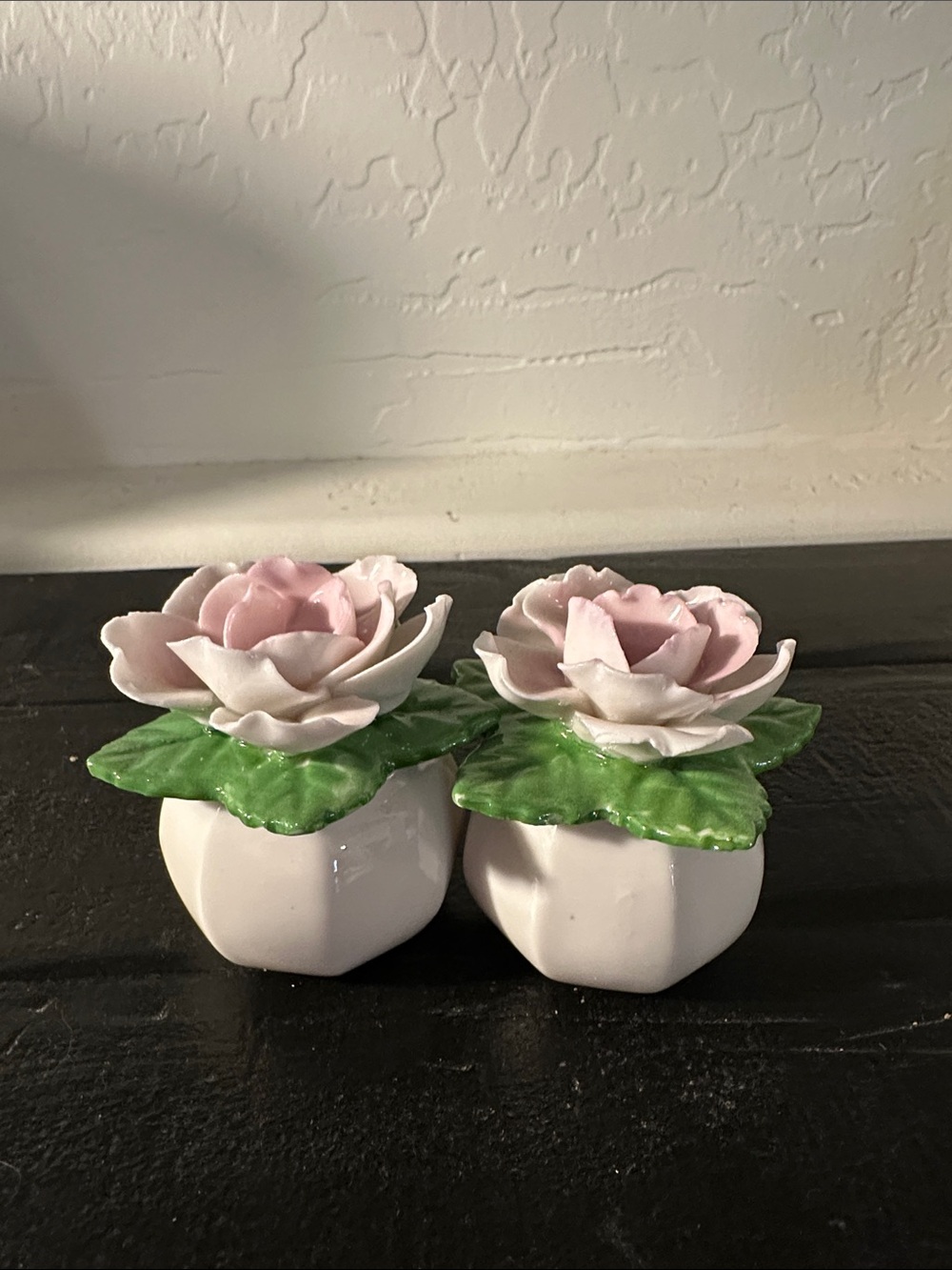 Candle holder Decorative Pink Ceramic Rose Pair with Green Leaves - Home Accents